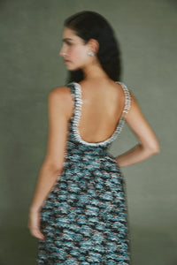 Coupe Dress in Metallic Blue Brocade