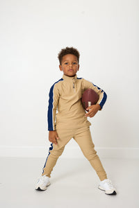 Sideline Half-Zip in Khaki with Navy Stripe