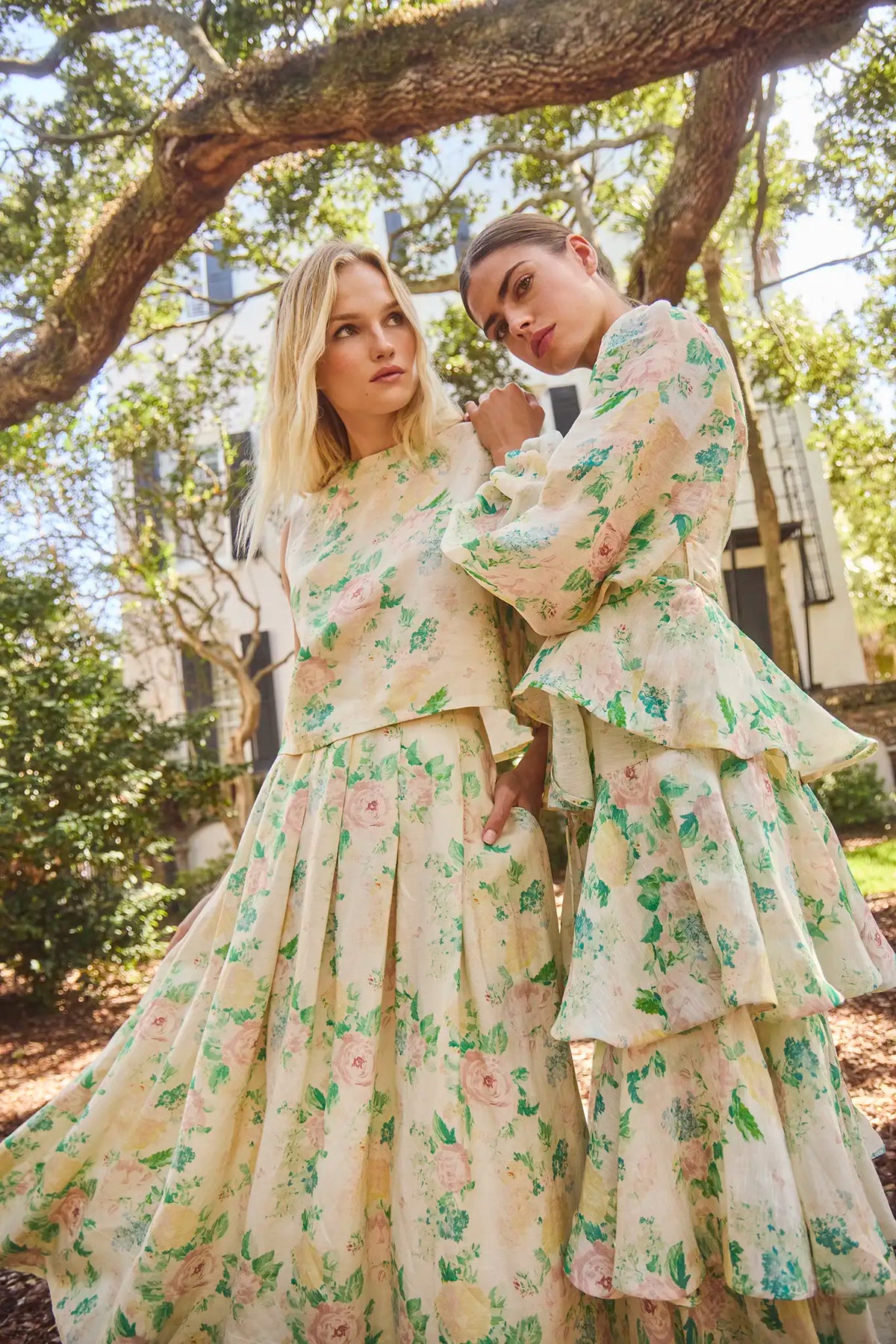 The Alexis Skirt in Garden Rose Peony paired with matching Manning Top with the Chelsea Dress.