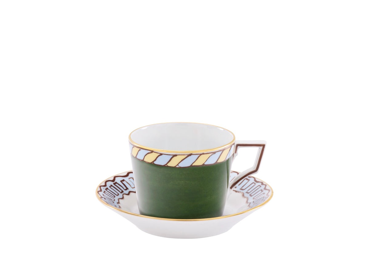 Front view of Luna tea cup with saucer showing green exterior, light blue striped rim and gold trim on white background