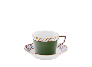 Front view of Luna tea cup with saucer showing green exterior, light blue striped rim and gold trim on white background