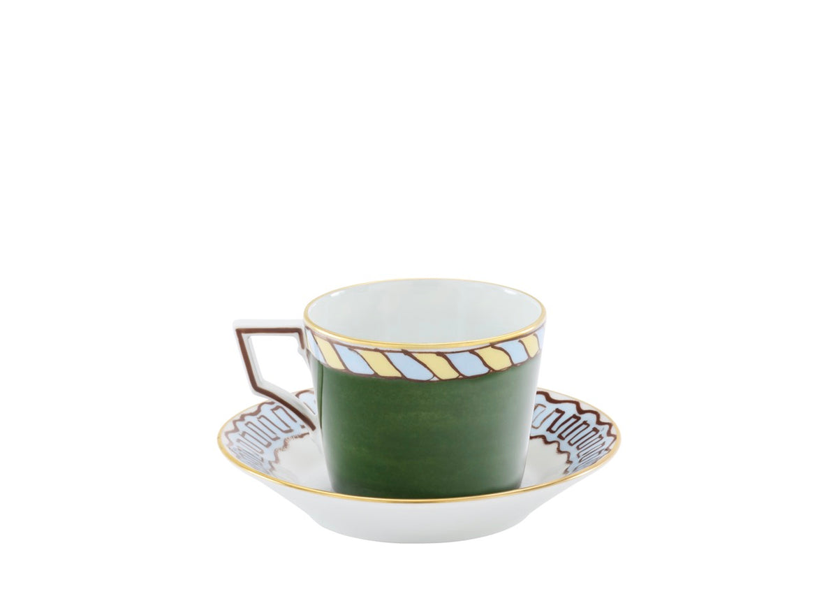 Side view of Luna tea cup and saucer showcasing green exterior, gold trim, and angular handle on white background