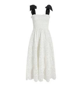 The Lace Ribbon Ellie Nap Dress in White Lace with Black Ribbon