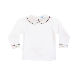 Classic white Peter Pan collar top highlighted with bold Townsend Tartan trim. A signature holiday piece from Henry Duvall’s Holiday Collection.
