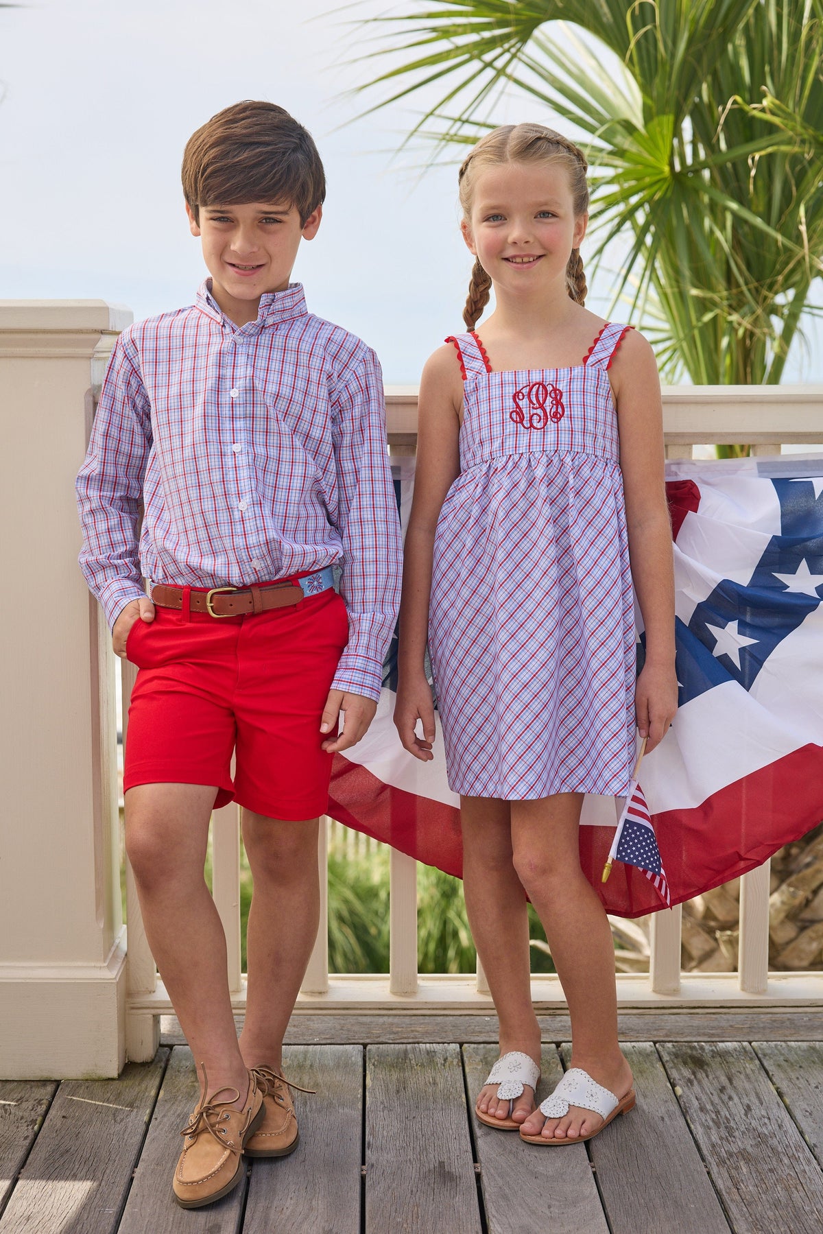 Little English traditional children's clothing.  Patriotic red and blue plaid dress for little girls.  Fourth of July outfit for little girls