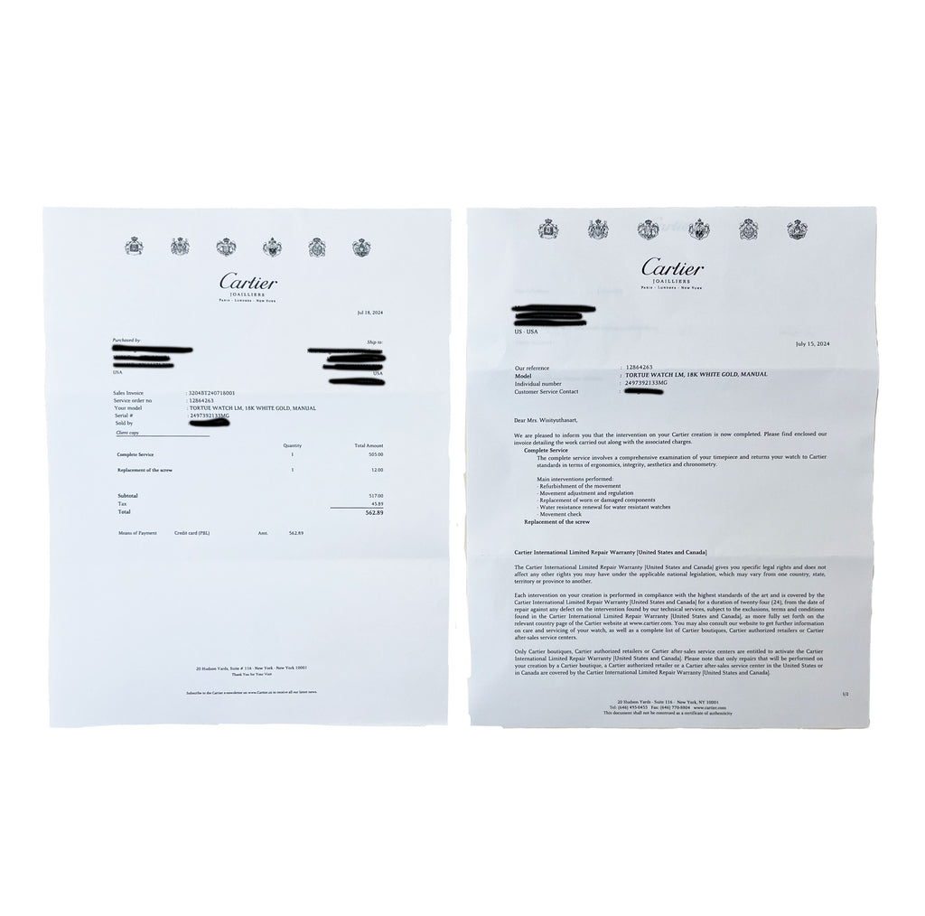 Photo of two Cartier documents: service invoice and repair letter for Tortue watch with personal details redacted