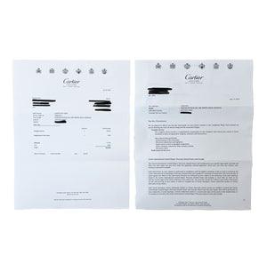 Photo of two Cartier documents: service invoice and repair letter for Tortue watch with personal details redacted