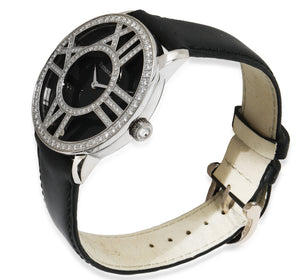 Angled view of Tiffany & Co. Atlas unisex watch in 18kt white gold with diamond-set Roman numeral openwork bezel and black leather strap