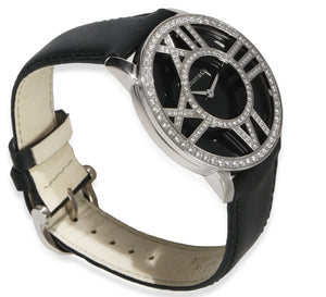 Three-quarter view of Tiffany & Co. Atlas 18kt white gold unisex watch showcasing diamond-set openwork Roman numeral bezel and black leather strap
