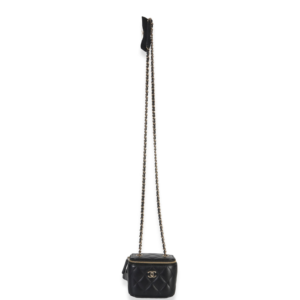 Chanel Black Quilted Lambskin Camelia Bow Chain Mini Vanity Case Handbag av