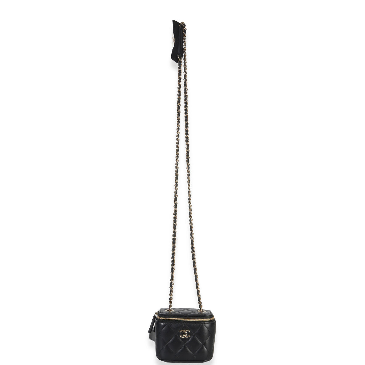 Chanel Black Quilted Lambskin Camelia Bow Chain Mini Vanity Case Handbag av
