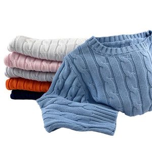 Cable Crewneck Knit Sweater in Light Blue