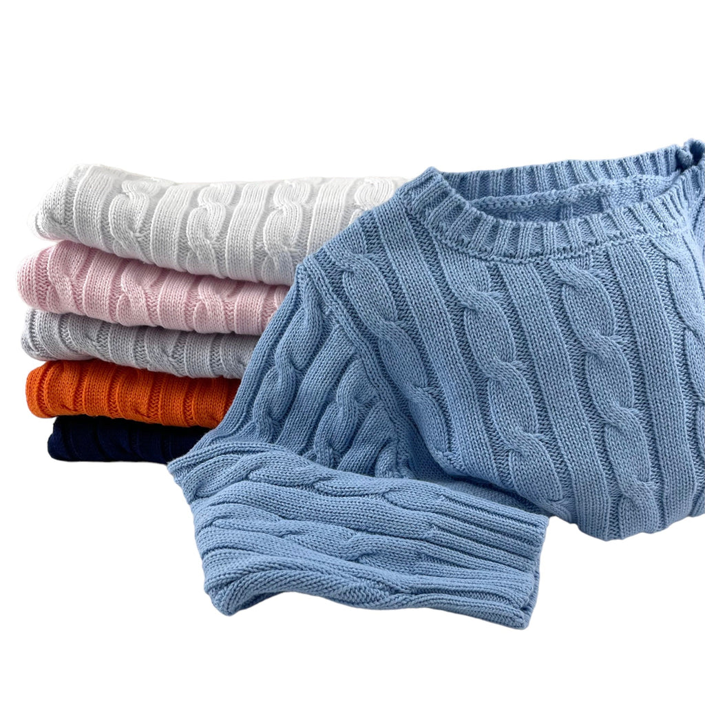 Cable Crewneck Knit Sweater in Medium Blue
