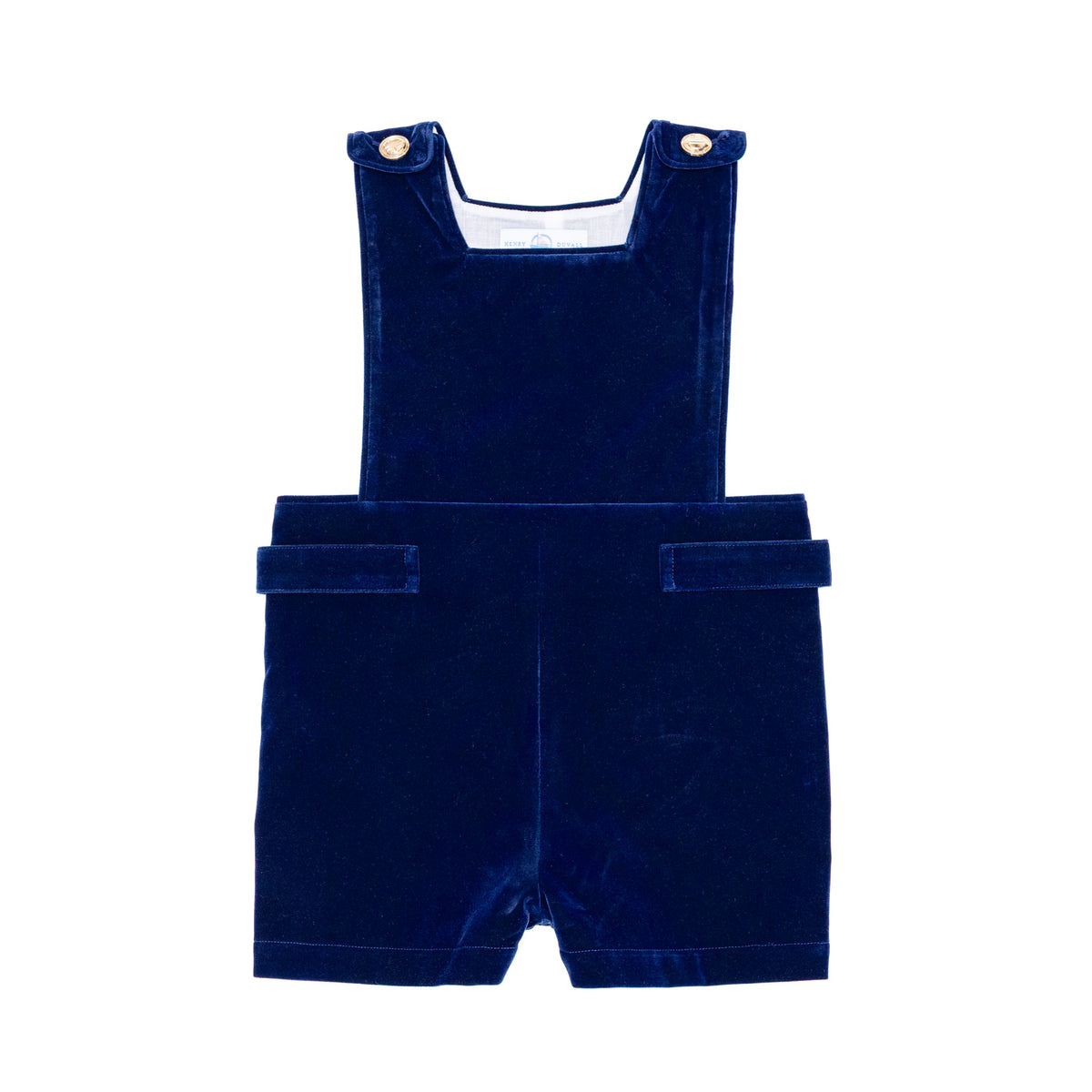Henry Duvall James Henry Jon Jon in Back Bay Blue Velvet with HD gold buttons, classic baby boy holiday outfit with traditional silhouette and easy stride snaps