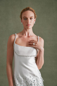 Stella Dress in Ivory Silk Wool with Silver Fringe