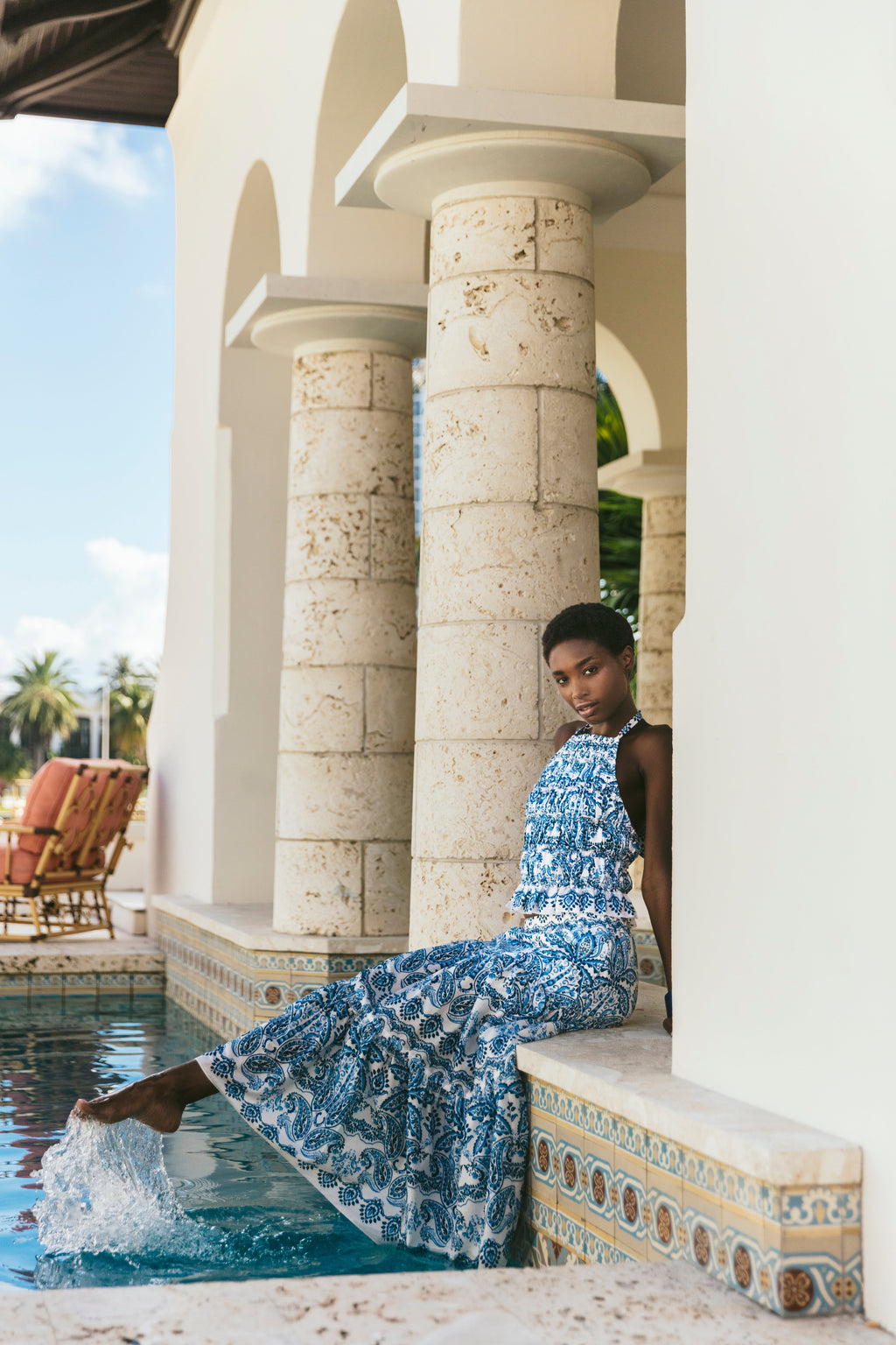 Peony Top in Palm Paisley Sky