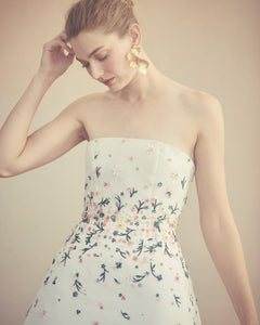 Strapless Ellia Dress in White Organza with Meadow Embellishment