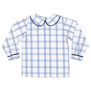 Henry Duvall Long Sleeve Henry Peter Pan Shirt in Prescott Plaid, classic boys fall shirt with Peter Pan collar and button-back, perfect for layering and coordinating sibling outfits