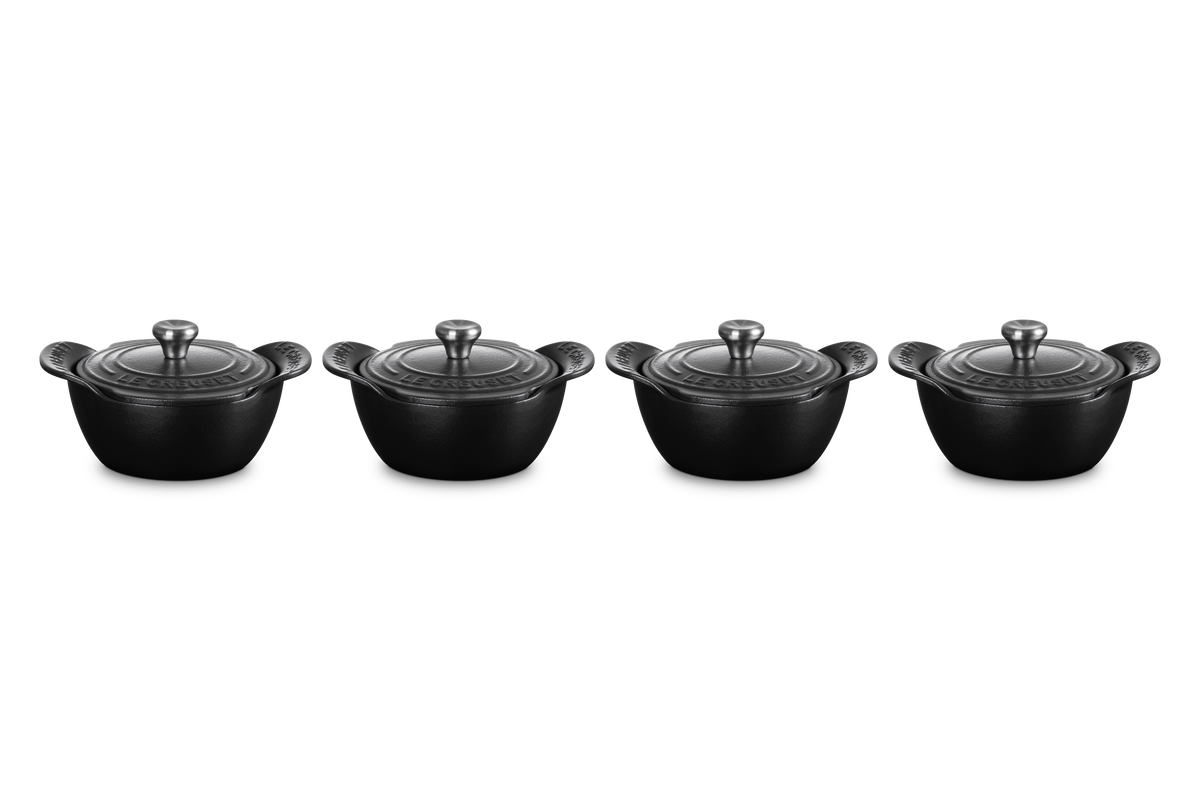 Mini Round Cocotte 1/3 QT in Matte Black with Sterling Silver Knobs, Set of 4
