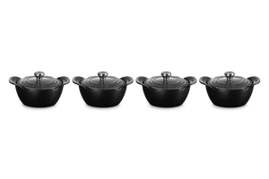 Mini Round Cocotte 1/3 QT in Matte Black with Sterling Silver Knobs, Set of 4