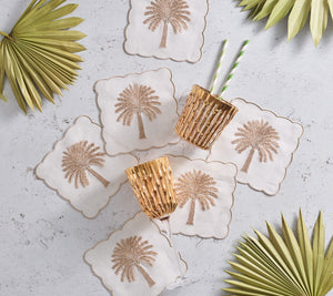 Date Palm Cocktail Napkins in White, Brown & Gold, Set of 6