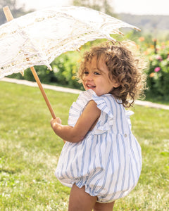 Baby’s Twill Ruffled Romper in Periwinkle Stripe