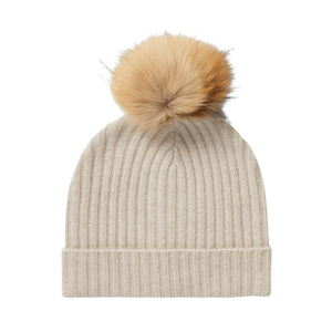 Basic Beige Striped Cashmere Pom Beanie
