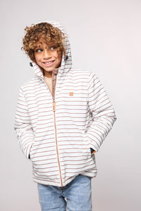 Kids striped brown and white winter coat for skiing and snow play, with warm insulation and waterproof outer shell for full cold weather protection and hood