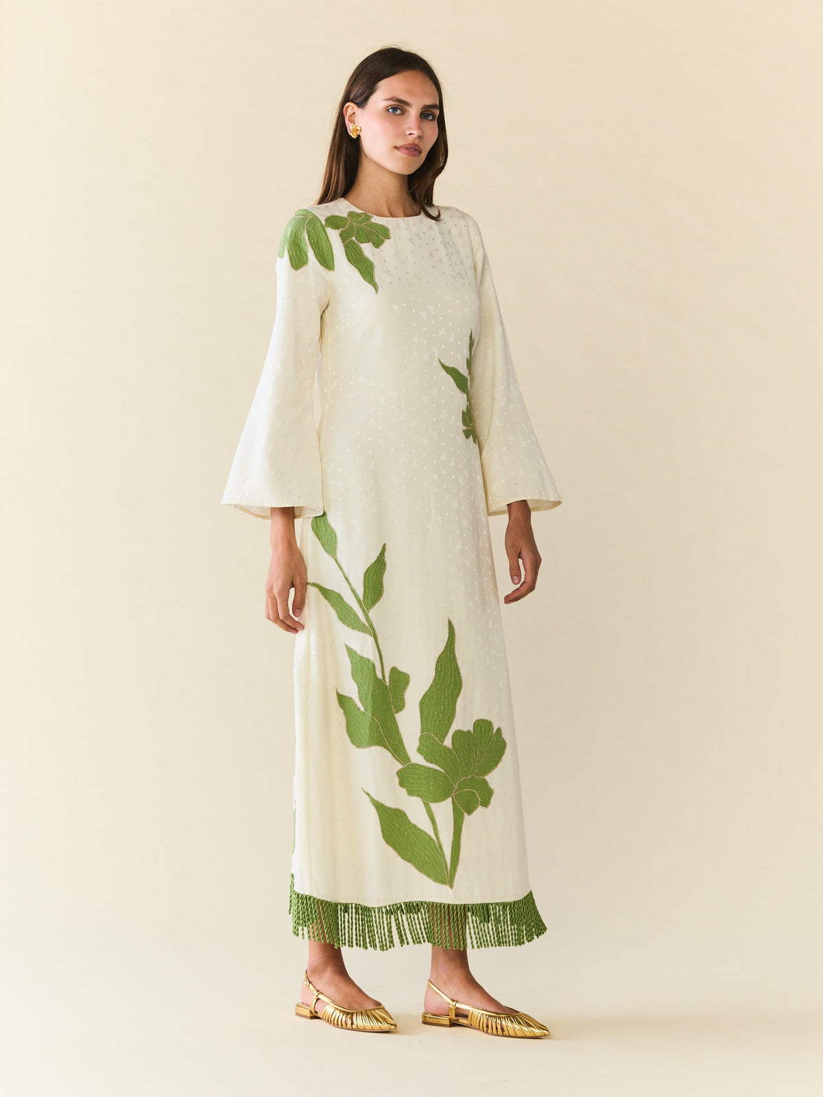 Ariana Dress in Ivory with Green Appliqué