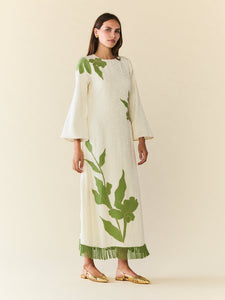Ariana Dress in Ivory with Green Appliqué