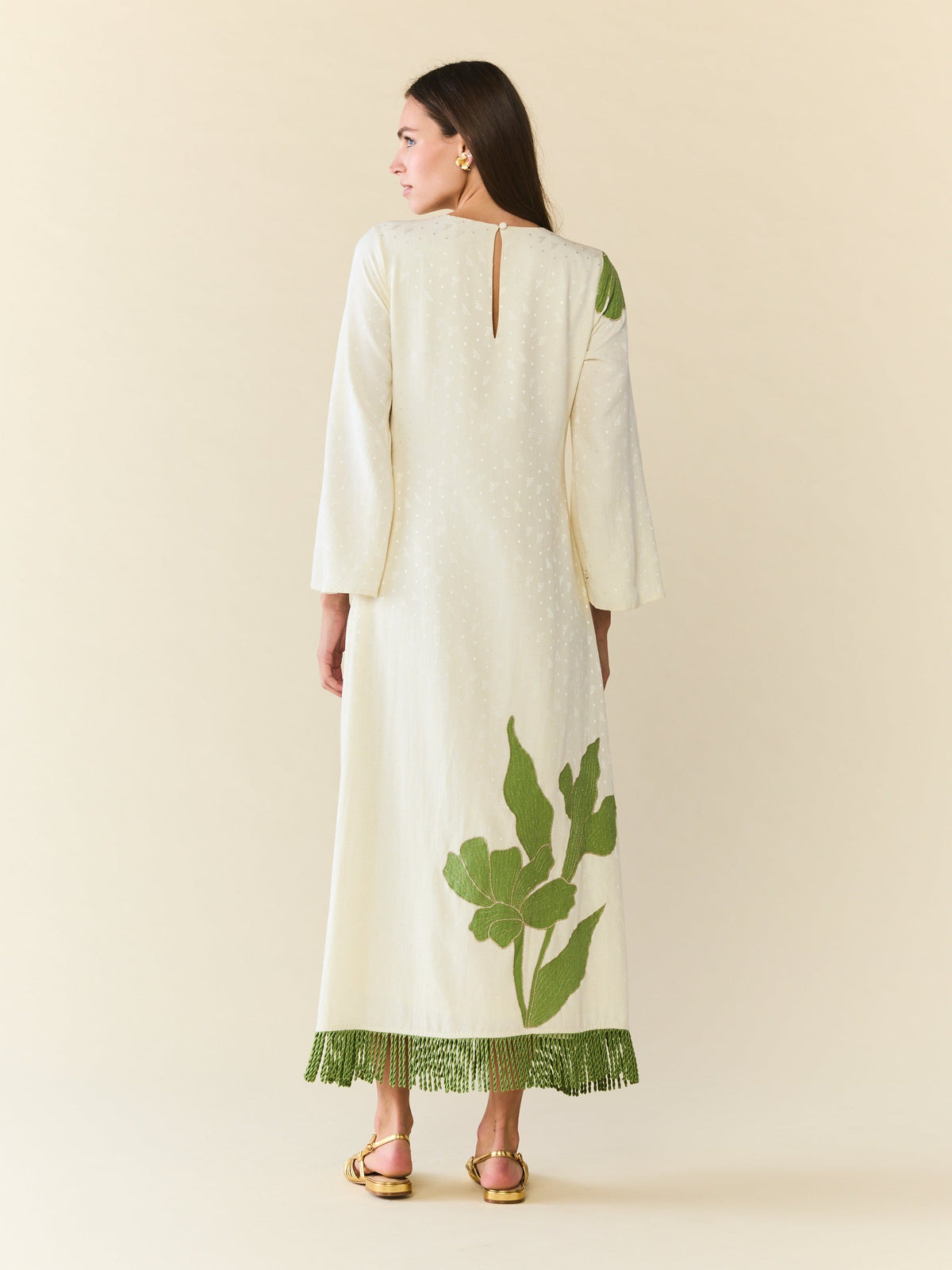 Ariana Dress in Ivory with Green Appliqué