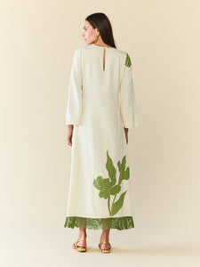 Ariana Dress in Ivory with Green Appliqué