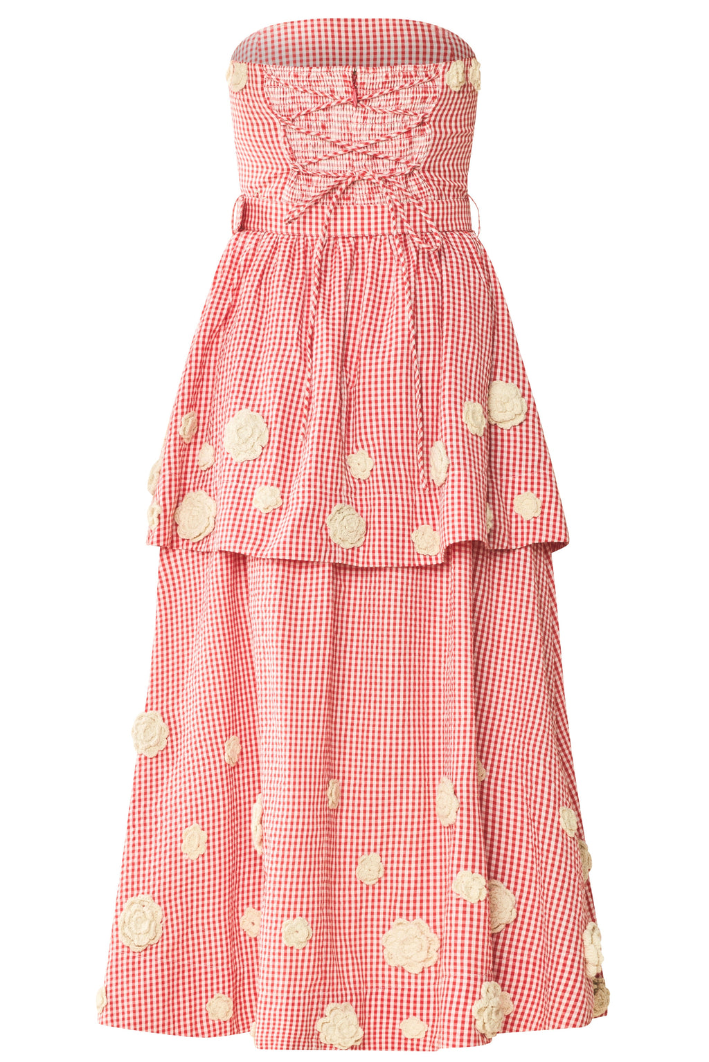 Daisy Dress X Rainey Collaboration in Red Gingham with Cream Crochet Applique