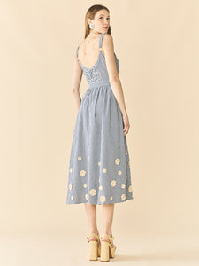 Katherine Dress in Navy Gingham with Cream Crochet Applique