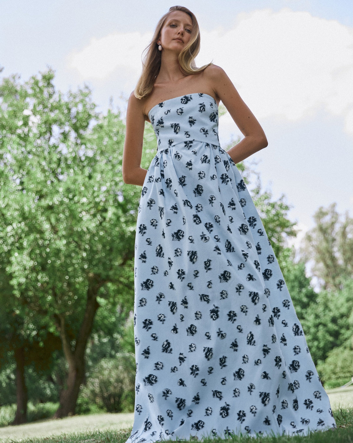 Audrey Floral Gown in Pale Topaz/Noir Multi