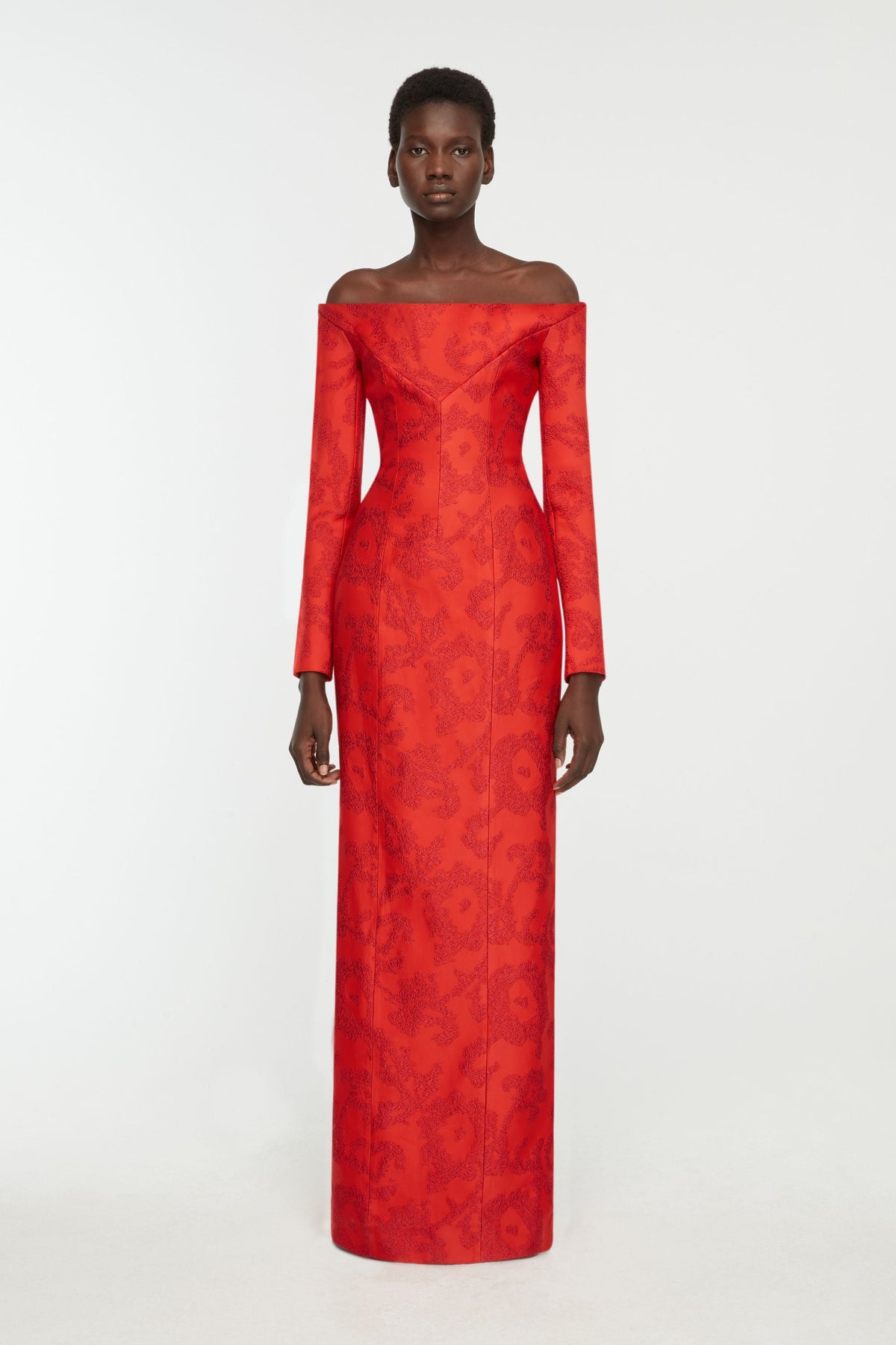 Zarith Dress In Red Boucle Floral- Full Body Front