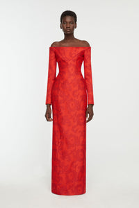 Zarith Dress In Red Boucle Floral- Full Body Front