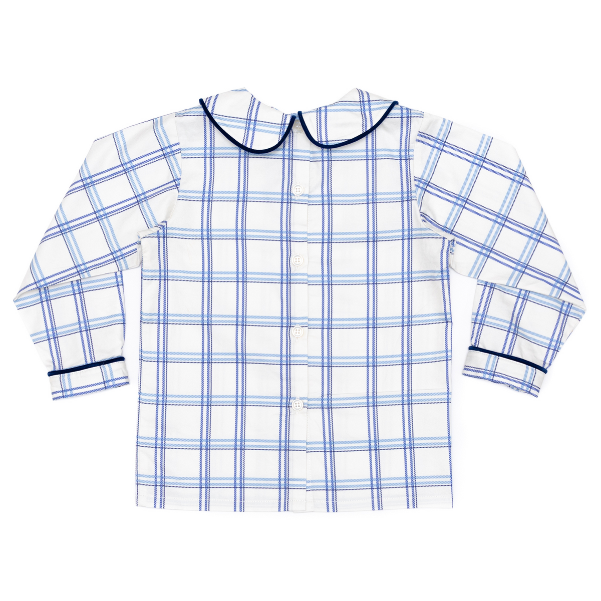 Henry Duvall Long Sleeve Henry Peter Pan Shirt in Prescott Plaid, classic boys fall shirt with Peter Pan collar and button-back, perfect for layering and coordinating sibling outfits