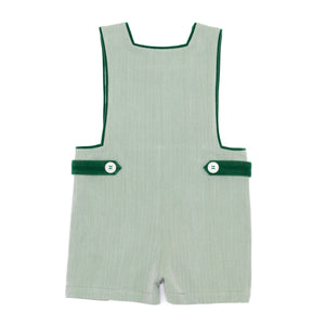 Henry Duvall classic baby boy jon jon in soft sage green herringbone, heirloom toddler outfit with shoulder buttons and stride snaps, inspired by English heritage style