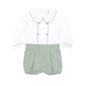 Classic baby boy bubble romper in sage green herringbone fabric, inspired by English heritage style, heirloom-quality traditional boys clothing for portraits, holidays, and special occasions