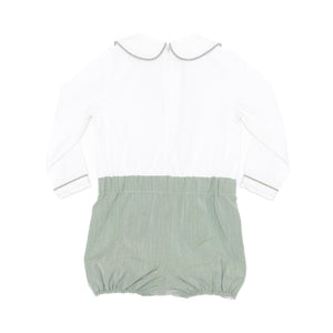 Classic baby boy bubble romper in sage green herringbone fabric, inspired by English heritage style, heirloom-quality traditional boys clothing for portraits, holidays, and special occasions