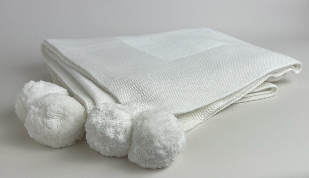 Knit Baby Blanket with PomPoms