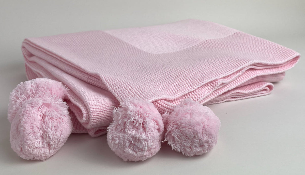 Knit Baby Blanket with PomPoms