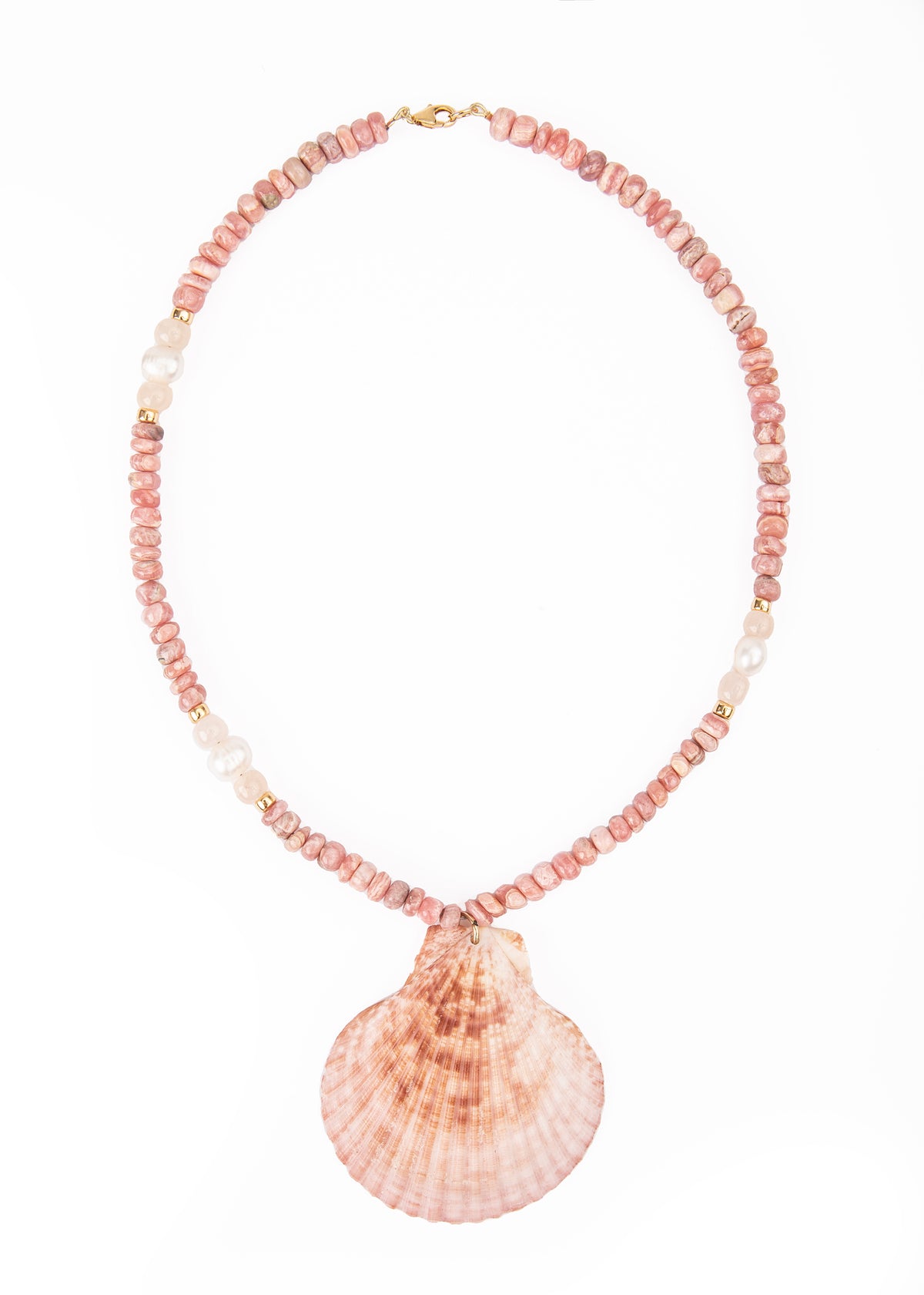 OTM Exclusive: Rhodochrosite, Pearl, And Moonstone Necklace With Cinnamon Brown Shell Pendant