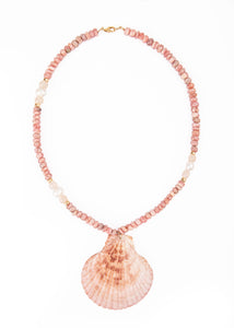 OTM Exclusive: Rhodochrosite, Pearl, And Moonstone Necklace With Cinnamon Brown Shell Pendant