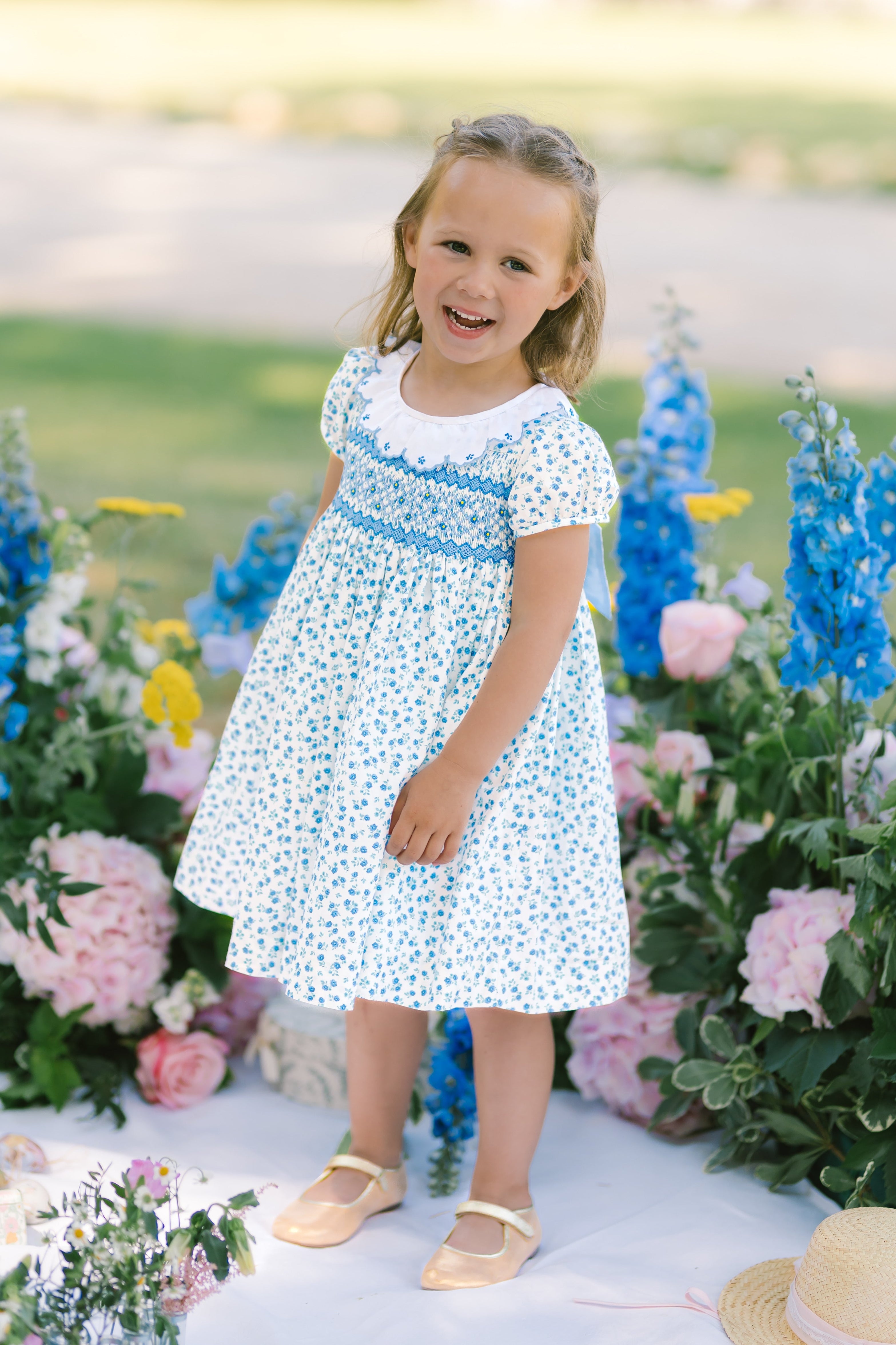 Isadora Floral Blue Short Puff Empire Dress
