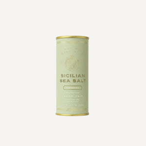 Canister of Sicilian Sea Salt on a white background