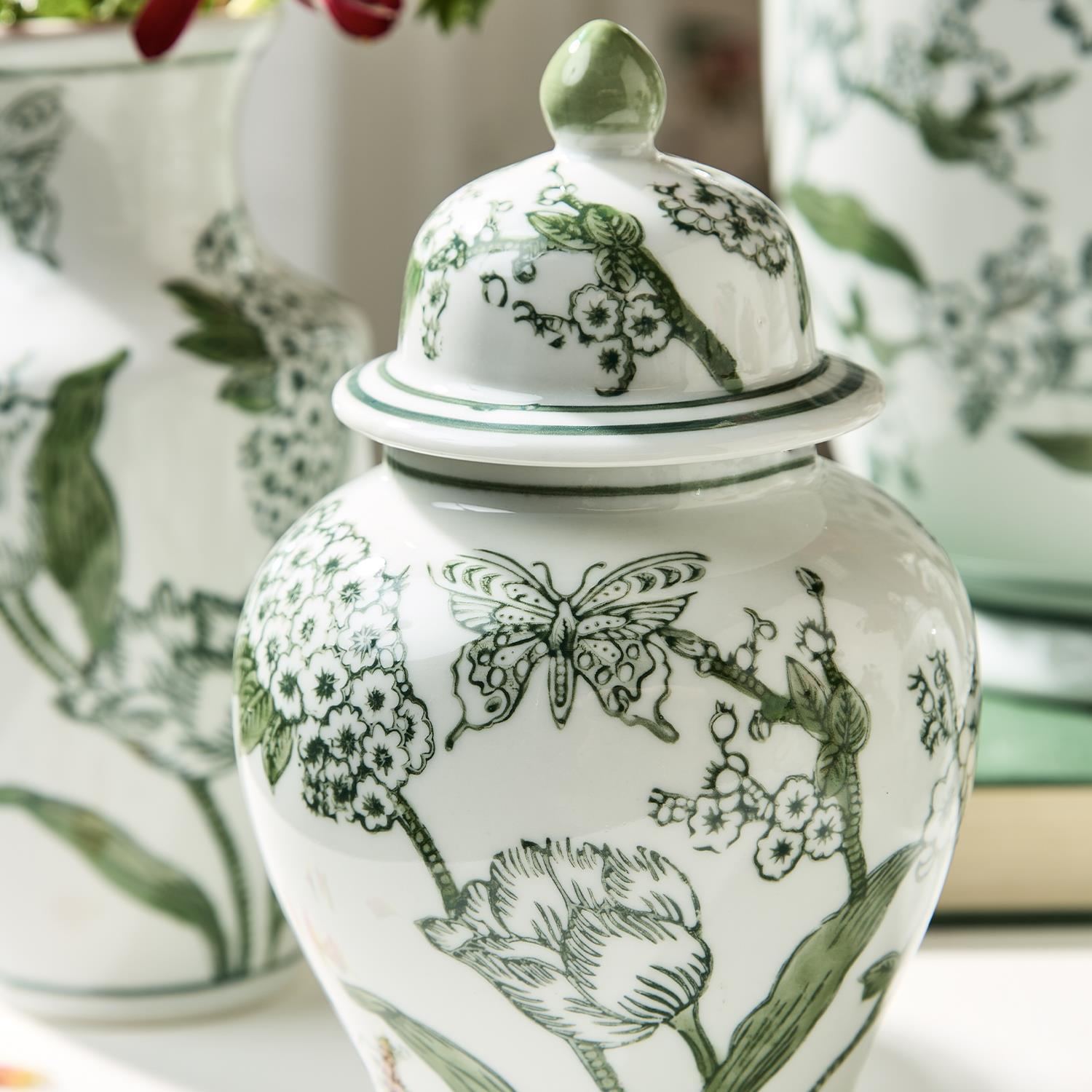 8" Primrose Lotus Green & White Chinoiserie Jar with Lid