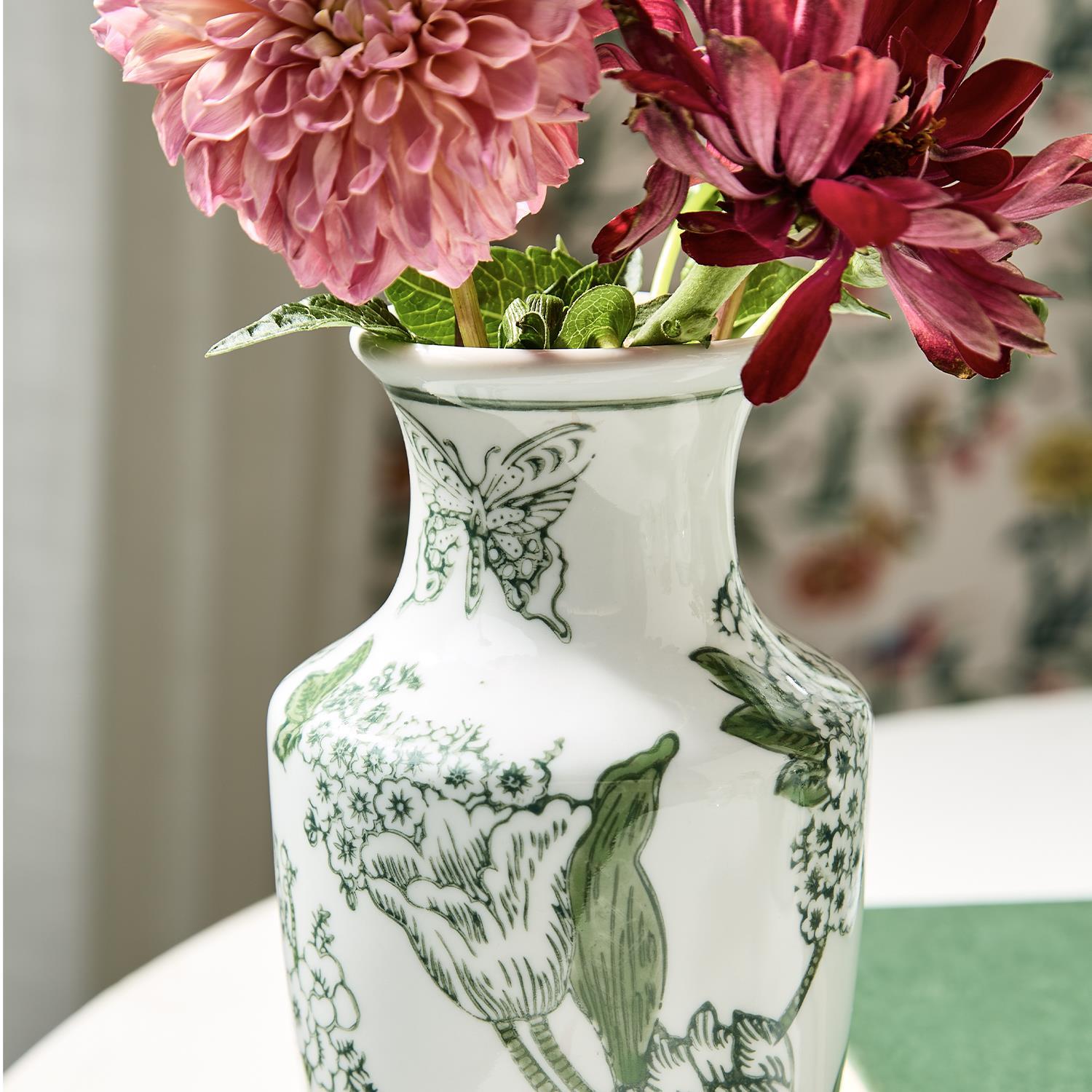 Primrose Lotus Green & White Chinoiserie Vases, Set of 3