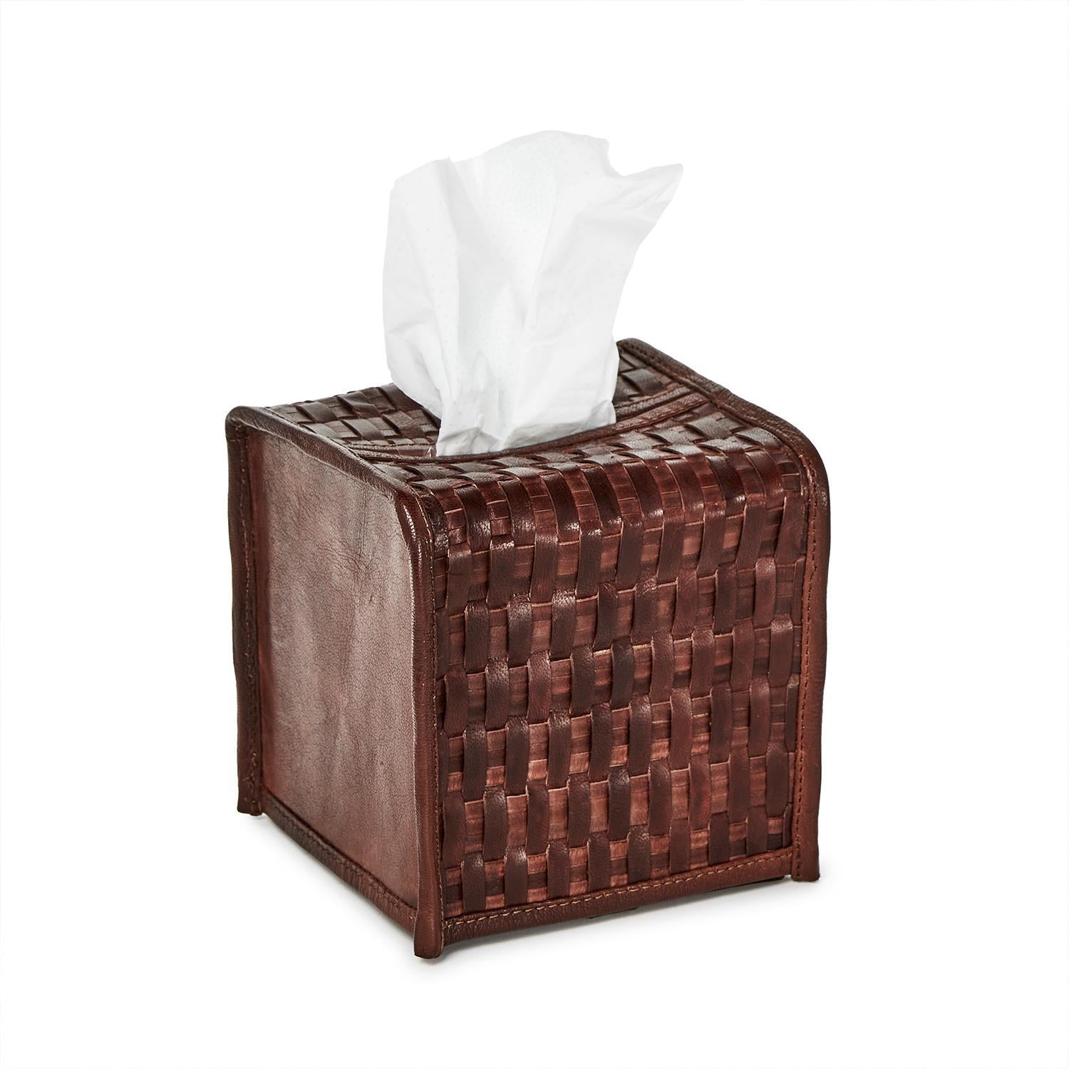 Chestnut Woven Leather Tissue Box Cover